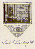 Frederick G. Banting's book plate featuring a photograph of a laboratory with the words Ex Libris below it and Frederick Banting's signature.