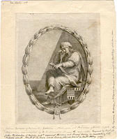 An engraving of a man sitting on a bench with one leg crossed over the other and holding a book open on his lap. He is barefoot and there is a heraldic shield resting on the side of the bench and a rod of Asclepius lying on the ground beside the shield.