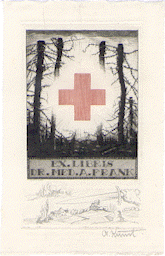 A color lithograph bookplate with the words Ex Libris Dr. Med. A. Frank on the bottom. A red cross shining white light is surrounded by four dark pillars with barbed wire on them. Below the words and the illustration is a drawing of an arm holding a sword over a countryside. Below that is the signature Ch Kunst.