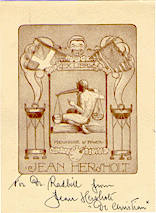 Bookplate of Ex Libris, Knowledge is Power, Jean Hersholt. It features a lithograph of a naked person sitting on an open book in front of a scale. On the sides are braziers with billowing smoke leading up to a Danish flag on the left and an American flags on the right.