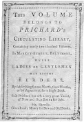 Printed bookplate stating that this volume belongs to Prichard's Circulating Library, engraving, Baltimore.