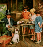 A color image of a boy sitting in a chair playing doctor on a dog lying on a table while three girls look on.