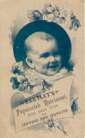 Cream color trade card printed with blue in for Bartlett's Pepsinated Nutriment, the best food for infants and invalids. The head of a baby is in a blue oval towards the top of the card.