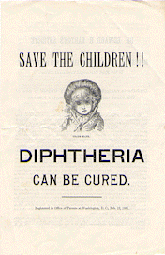 A cream colored page with the words save the children above an illustration of a head and shoulders young girl. Below the illustration it says diphtheria can Be cured.