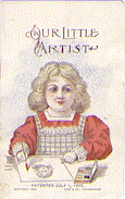 Color illustration of a blonde haired girl painting a drawing of herself with the words Our Little Artists above her.