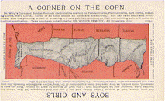 A color trade card of the states Minnesota, Iowa, Oklahoma, Arkansa and Louisiana forming drawn to represent an old man within the red states surrounding them. Dakotah, Nebraska, Kansas, Indian Territory, Texas, Mississippi, Tennessee, Kentucky, Illinois, and Wisconsin. The title is A Corner on the Corn on the top.