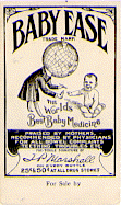 A black and white trade card for Baby Ease, featuring a person with a world globe for a head holding a bottle out towards a baby sitting on the ground.