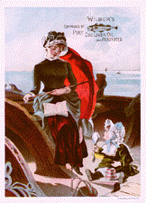 A color trade card for Wilbor's Compound of Pure Cod Liver Oil. It features an illustration of a woman sitting on a boat holding an umbrella with an open book on her lap looking down at a baby wearing a dress sitting on the floor holding a spoon in its hand looking up at the woman.