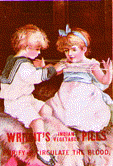 A color trade card Wright's Indian Vegetable Pills purify and regulate the blood. It features a boy and a girl sitting on the bed playing with string.