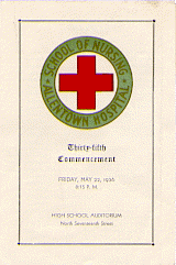 Color cover of the Thirty-fifth commencemtn of the Allentown Hospital, School of Nursing. The cover is cream colored and there is a green circle towards the top with the words School of Nursing, Allentown Hospital. Within the center of the circle is a red cross on a cream background. 