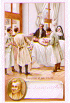 Color lithograph trade card titled Dupuytren et ses eleves featuring a doctor making patient rounds in a hospital with three students attending. Inset in the bottom left corner is a head and shoulders portrait of Dupuytren.