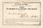 A cream colored Matriculation ticket from the Geneva College, Rutgers Medical Faculty,for 1827-8.