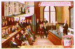 color lithograph trade card with the title Scenes de la vie de Liebig with the words Veritable Extrait de Viande Liebig on the bottom. The lithograph is Liebig giving a demonstration with men seated in three row around the room.