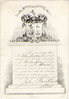 A cream colored engraved certificate that certifies that John Spurrier regularly attended the weekly examinations of the Midwifery class 1834-35.