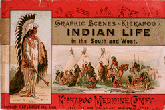 Cover of the Graphic Scenes Kickapoo Indian Life in the South and West, featuring a Native American standing on the left side and a village life scene in the center.