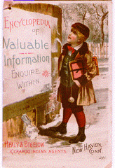 Color cover of the Encyclopedia of Valuable Information, featuring a boy standing next to a board with the words Encyclopedia of Valuable Information Enquire Within.