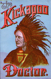 Color cover of The Kickapoo Doctor, featuring a man wearing a feather headdress in the center.