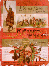 A color cover of the Life and Scenes among the Kickapoo Indians. The top of the cover features a person in Native American attire holding up a bottom of medicine in their right hand, next to a  scene from a Native American village. On the bottom are Kickapoo Indian War Implements: snow shoe, stone club, hunting arrows, bow and arrows, battle axe, pipe, bell, shield, knife, battle axe, spear, war arrows, and a tomahawk.