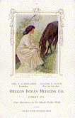 A color trade card from the Oregon Indian Medicine Co., featuring a woman sitting in a field with a brown horse grazing nearby.