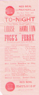A broadside on pink paper with dark pink lettering for a performance of The Little Merry Marker Louise Hamilton in Fogg's Ferry, sponsored by Red Seal Sarsaparilla.