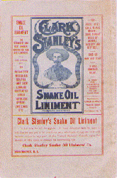 The color cover for Clark Stanley's Snake Oil Liniment. It features a description of the uses around an image of the head and shoulders view of a man wearing a hat with two snakes framing him.