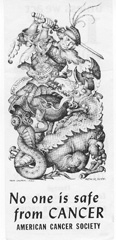 No One is Safe from Cancer, bookmark with illustration by Arthur Szyk. The illustration is a man with a sword raised to slay the cancer monster.