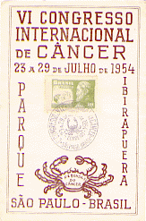 First day stamp and cancellation of the VI Congresso Internacional de Cancer, 1954. The stamp is in the center with an illustration of a crab at the bottom with defenda se do cancer in the center of the crab.