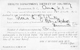 A certificate card for Mrs White dated August 31, 1916 that she was issued a bill of health by the District of Columbia Health Department.