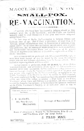 A black and white broadside from Macclesfield Union about a Small-Pox Re-Vaccination. It notes that everyone should be re-vaccinated and states that J. B. Hughes is the public vaccinator and the days and times people may go to get the re-vaccination.