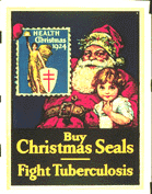 Tuberculosis written in blue lettering below a predominantly blue poster with white and yellow lettering. In the center is an illustration of Santa Claus holding a little girl in one arm and an oversized Christmas seal in the other hand. Buy Christmas Seals Fight Tuberculosis is in yellow lettering at the bottom.