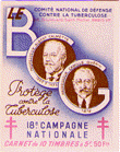 Color illustrated stamp for Protege contre la tuberculose. Capital letters B C G features head and shoulders views of Albert Calmette and Camille Guerin. At the top is Comitè National de Défense Contre La Tuberculose in blue lettering. The large red Cross of Lorraine appear in the bottom corners.
