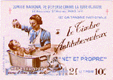 A color phmphlet with the title Le Timbre Antituberculeux on the right side of an illustration of a woman holding a sponge dripping water on a child sitting in a large silver tub of water.