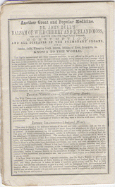 An advertisement in Dr. John Bull's almanac for Dr. John Bull's Balsam of Wild Cherry and Iceland Moss.
