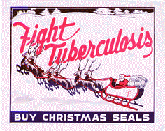 A color hand bill featuring an illustration of Santa Claus in a sled with a red cross of Lorraine on the side being pulled by six reindeers. In red lettering above the reindeer are the words Fight Tuberculosis. Below in a blue panel with white lettering is Buy Christmas Seals.