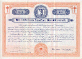 A red and blue five dollar certificate for the Campaign Against Tuberculosis which represents a subscription to the campain in the community.