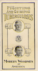 A yellow and black pamphlet titled Fighting and Curing Tuberculosis at the top and Modern Woodmen of America at the bottom. In the center are two ovals with the faces of two men. Between the two vertical ovals is a heraldic symbol.