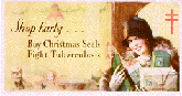 A color broadside featuring a woman wearing a hat carrying packages in her arms with Christmas Seals on the packages. In the upper right corner is the red cross of Lorraine. On the left side in black letter is Shop Early... Buy Christmas Seals Fight Tuberculosis.