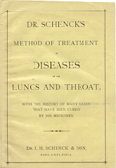 The yellow cover page of Dr. Schenck's method of treatment of diseases of the lungs and throat with the history of many cases that have been cured by his medicines. Dr. J. H. Schenck and son, Phildelphia.