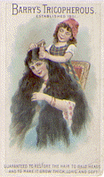 A color lithograph trade card featuring a girl standing on a chair holding a bottle of Barry's Tricopherous in her left hand while using a comb behind a woman with long black hair. At the top it says Barry's Tricopherous, established 1801. At the bottom in black lettering is written guaranteed to restore the hair to bald heads and to make it grown thick, long and soft. 