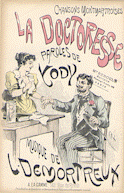 Color sheet music cover featuring A woman in a yellow dress taking the pulse of a man with a monocle who is holding top hat and a can in his left hand. At the top in red lettering is title La Doctoresse.