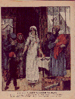 A woman wearing a white dress with a red cross in the middle and a white head covering hands aspirin to a small child. There is an open door with snow falling while people wearing winter clothes wait to see the woman. At the bottom is the title Lutte contre la vague de froid. L'hiver se poursuit rude et rigoureux, mais grace a la bonne infirmiere de Usines du Rhone et a son Aspirine bienfaisante, le plus malheureux peuvent se preserver des maux qu'il engendre translated means Fight against the cold wave. Winter continues rough and tough but thanks to the good nurse plants in the Rhone and its beneficial Aspirin, the most miserable can protect against the evils it causes.
