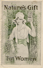 A color illustration of a woman standing in a forest setting holding up a box in her left hand while holding a basket full of herbs in her right arm. The title says Nature's Gift to Women