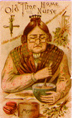 A color illustrated trade card of a woman wearing a scarf and glasses stirs a bowl on a table with a spoon. At the top it states Old Time Home Nurse.