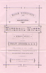 A pamphlet for Madame Winneford's Magnetic Maternal Wafer on pink paper.