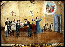 Mario Vittorio lies in his bed at home while surgeons perform abdominal surgery. A woman at right prays to Saint Martha for Mario's recovery. "Mario Vittorio 19 May 1898." Oil on tin. Courtesy Giuseppe Maimone Editore, Catania and Mario Alberghina.