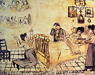 Maria Gilluffo spits up blood into a basin held by her sister or a friend.  Another woman kneels with arms outstretched in pray to the saints for Maria's recovery. Standing beside her bed, a man with a hand on his forehead shows concern for her health. "Maria Gillufo in the month of March 1904." Oil on tin. Courtesy Giuseppe Maimone Editore, Catania and Mario Alberghina.