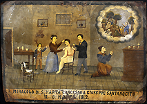 Giuseppe Santanocito sits in a chair while his doctor makes an incision in his back.  A woman comforts him by placing her hands on his head and shoulder while another woman kneels in prayer to Saint Martha for Giuseppe's recovery. "A miracle of Saint Martha (Santa Marta) granted to Giuseppe Santanocito on 6 March 1912." Oil on tin. Courtesy Giuseppe Maimone Editore, Catania and Mario Alberghina.
