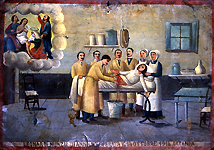 Nunzia Leonardi lies on a hospital operating room table while undergoing abdominal surgery. One doctor performs the surgery while several others assist. Two nurses can be seen supporting the woman's head.  From the Chiesa dell'ospedale Santa Marta (Church of the hospital of Saint Martha), Catania, Sicily. "Nunzia Leonardi aged 27 operated on 4 October 1914, Catania." Oil on tin. Courtesy Giuseppe Maimone Editore, Catania and Mario Alberghina