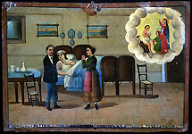 Giuseppina Chiarenza lies in bed while a doctor attends to her head injury. A woman stands near the bed with hands clasped in prayer to Saint Martha. "A miracle performed by Saint Martha for Giuseppina Chiarenza on 3 October 1921, Catania." Oil on tin. Courtesy Giuseppe Maimone Editore, Catania and Mario Alberghina.