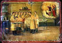 Pietra Reimondo lies on an operating room table while doctors perform surgery on her back. A small table holds surgical instruments and the excised tissue from Pietra's back. An image of Saint Martha can be seen in the upper right. "A miracle is performed for Pierta Reimondo on 13 June 1924, Catania." Oil on tin. Courtesy Giuseppe Maimone Editore, Catania and Mario Alberghina.